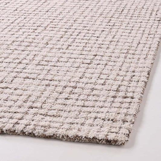 Hand-Tufted 100% Wool Pile Area Rug – Geometric Textured Grid Check Pattern – Thick and Durable Floor Carpet for Bedroom, Living Room, Kids Room, and Dining Area (Ivory-Brown, 9' x 9')
