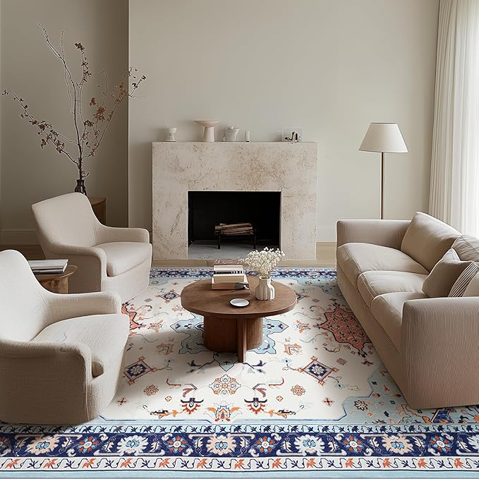 Phantoscope Washable Area Rug 4'x6' Non-Slip, Vintage Boho Rugs for Living Room, Bedroom, Dining Room, Medallion Persian Symmetrical Pattern, Low-Pile Foldable Floor Carpet, vory Blue/Orange