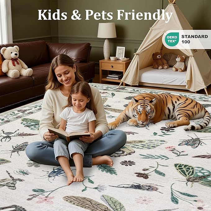 5x7 Area Rugs Living Room Rug: Vintage Washable Rug Floral Soft Carpet Indoor Floor Non-Slip Boho Stain Resistant Large Carpets for Bedroom Kids Nursery Dining Room Farmhouse Home Office Beige