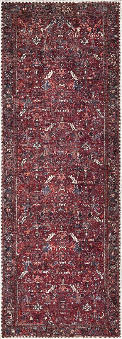 Bloom Rugs Washable Non-Slip 7 ft Runner - Burgundy Traditional Bordered Runner for Entryway, Hallway, Bathroom, and Kitchen - Exact Size: 2.5' x 7'