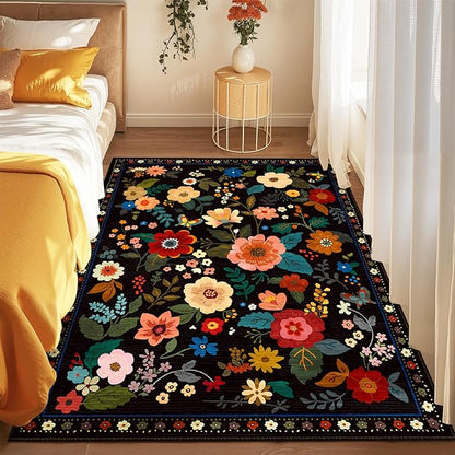 Floral 4x6 Area Rug Machine Washable Soft Print Boho Carpet Non Slip Doormat Low Pile Flower Area Rugs for Living Room Bedroom Nursery Kitchen Dining Room Indoor-Black