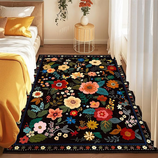 Floral 4x6 Area Rug Machine Washable Soft Print Boho Carpet Non Slip Doormat Low Pile Flower Area Rugs for Living Room Bedroom Nursery Kitchen Dining Room Indoor-Black