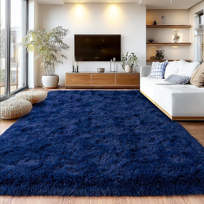 Shag Area Rugs for Living Room, Soft Fuzzy Plush Rugs, Upgrade Anti-Skid Modern Furry Rugs Fluffy Carpets for Kids Room Nursery Home Decor Dark Blue, 8X10 Feet