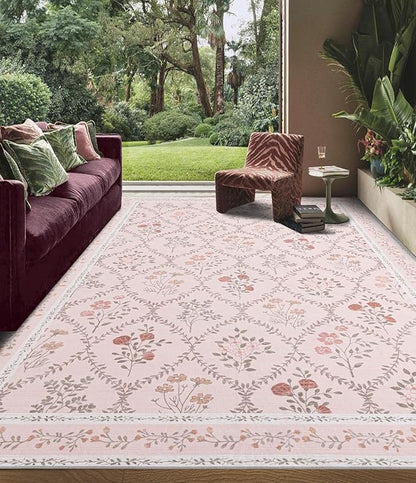 YIHOUSE 8x10 Washable Rug for Living Room, Pink Floral Rugs for Bedroom Boho Area Rug Non Slip Ultra-Thin Large Rug for Kids Playroom, Classroom, Girls Dorm, Nursery, Pink Multi