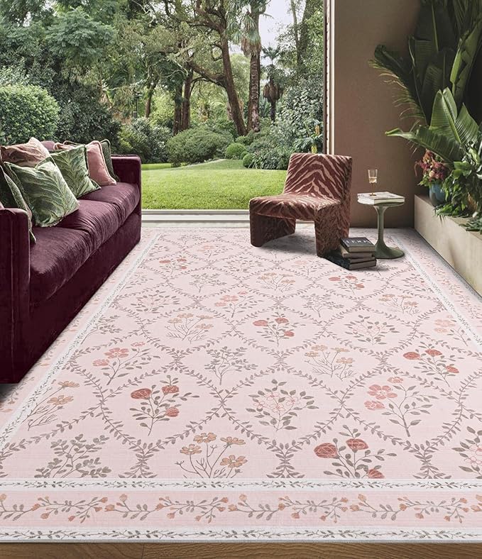 YIHOUSE Pink Floral Print Rugs, Moroccan Trellis 9x12 Washable Large Rug, Modern Pastel Non Slip Ultra-Thin Area Rug for Classroom, Nursery Playroom,Dorm,Bedroom,Living Room, Pink Multi
