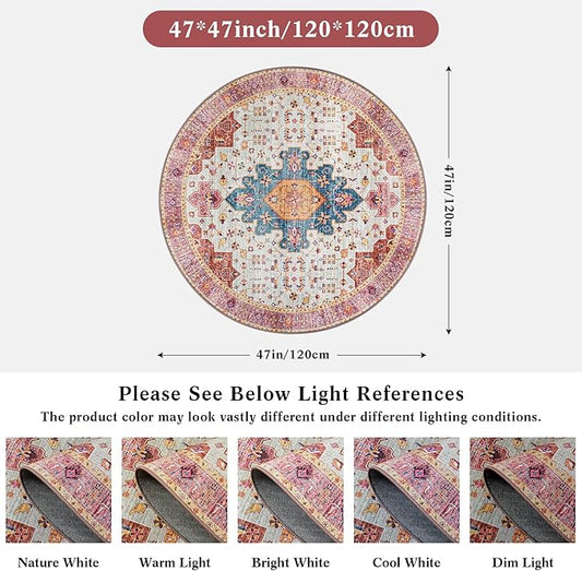 Moynesa Ultra-Thin Washable Round Rug - 4ft Pink Oriental Circle Area Rugs for Nursery Bedroom, Vintage Non Slip Non Shedding Low Pile Carpet for Living Room Coffee Table Entryway