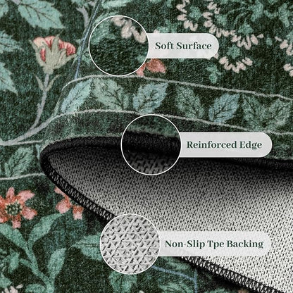 6x9 Area Rugs Living Room Rug - Floral Vintage Morris-Inspired Washable Carpet, Low Pile Non-Shedding Stain Resistance Boho Soft Carpet for Bedroom, Dining Room, Office, Farmhouse (6'x9' Dark Green)