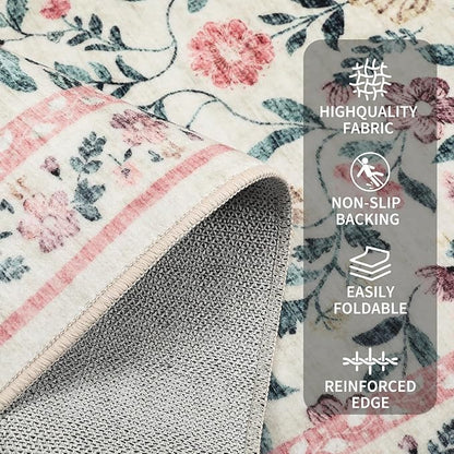 5x7 Washable Non-Slip Rug, Vintage Floral Area Rug for Living Room, Low Pile Farmhouse Distressed Carpet for Nursery Playroom Dorm Teens Office, Pink