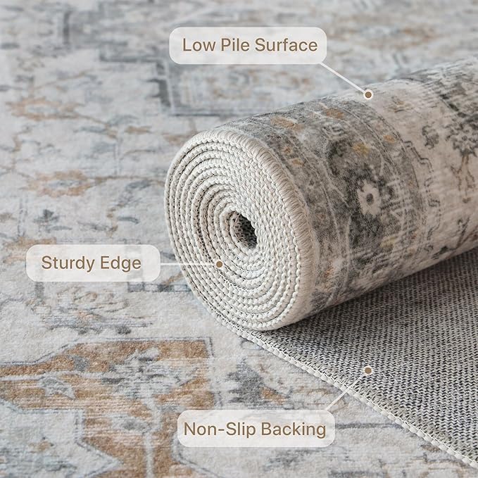 GENIMO 4x6 Area Rugs for Living Room, Machine Washable Low Pile Vintage Rugs, Non Slip Lightweight Chenille Print Rug for Bedroom, Dining Room, Home Office, Light Taupe Brown