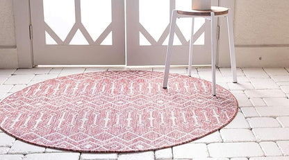 Unique Loom Outdoor Trellis Collection Area Rug - Tribal Trellis (4' 1" Round, Rust Red/ Ivory)