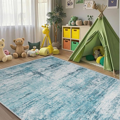 10x12 Abstract Area Rugs for Living Room, Modern Teal Grey Washable Indoor Rug for Bedroom, Soft Large Non-Slip Carpet for Dining Room Home Office Farmhouse Decor - Teal+Gray