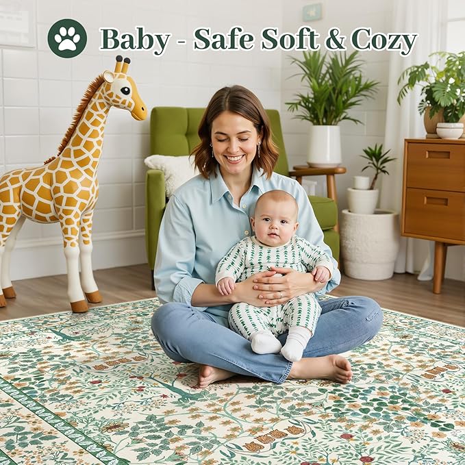 9x12 Area Rug Living Room Rug - Floral Vintage Forest Washable Carpet, Low Pile Non-Slip Stain Resistance Boho Soft Large Carpet for Bedroom, Dining Room Under Table, Farmhouse (9'x12' Beige Green)