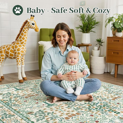 9x12 Area Rug Living Room Rug - Floral Vintage Forest Washable Carpet, Low Pile Non-Slip Stain Resistance Boho Soft Large Carpet for Bedroom, Dining Room Under Table, Farmhouse (9'x12' Beige Green)