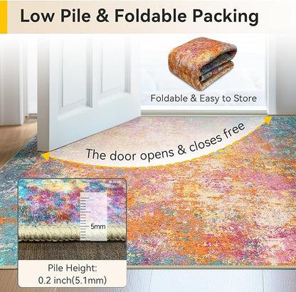 Washable Area Rugs 9'x12' Non-Slip Modern Abstract Soft for Living Room Entryway Bedroom Nursery, Print Pattern, Orange Blue Pink Yellow Colorful