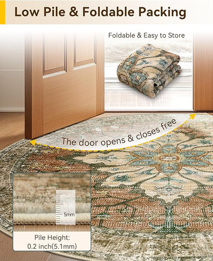 Area Rugs 7ft Washable Non-Slip, Floral Vintage Distress Print Pattern Medallion Carpet for Living Room Bedroom Dining Room, Brick Red Rust Neutral Brown Burnt Orange