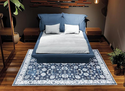 Bloom Rugs Washable Non-Slip 3' x 5' Rug - Dark Blue Traditional Bordered Area Rug for Living Room, Bedroom, Dining Room, and Kitchen - Exact Size: 3' x 5'