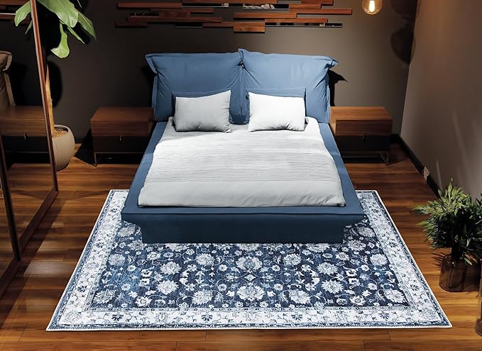 Bloom Rugs Washable Non-Slip 10x14 Rug - Dark Blue Traditional Bordered Area Rug for Living Room, Bedroom, Dining Room, and Kitchen - Exact Size: 10' x 14'