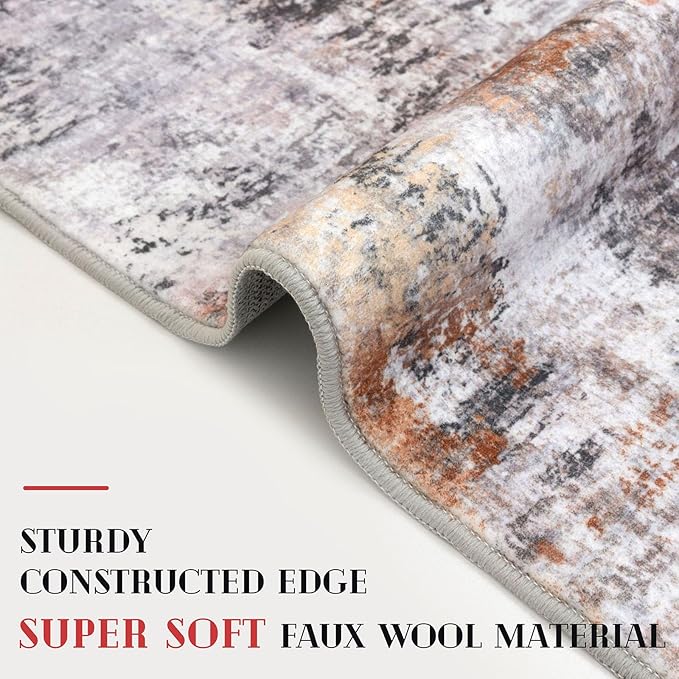 Modern Abstract Small Area Rug Indoor, Grey Orange Multi 3x5 Washable Rug Non-Slip Soft Entryway Rug Kitchen Mats Thin Print Faux Wool Floor Carpet Colorful Throw Rugs for Entrance Bedroom