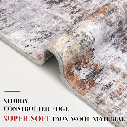 Modern Abstract Runner Rug 2x5, Grey Orange Multi Colorful Washable Kitchen Entryway Mat Non-Slip Soft Hallway Thin Print Faux Wool Carpet for Bedroom Laundry Room Indoor