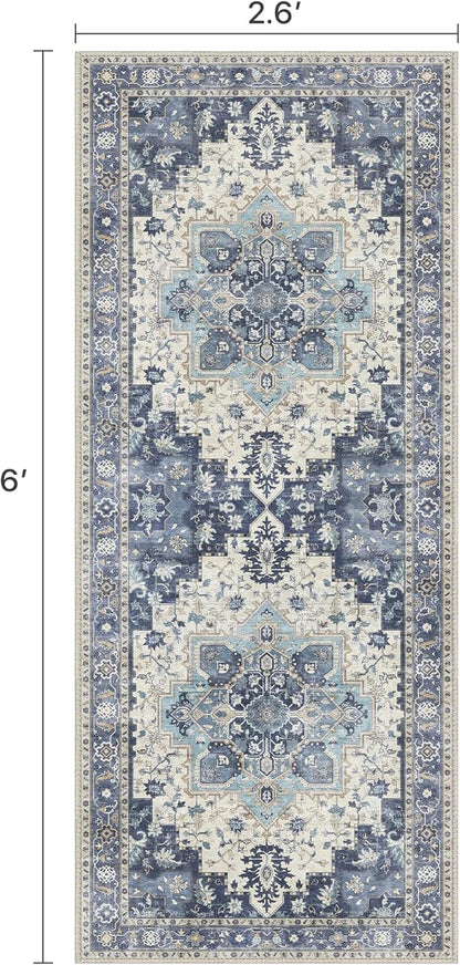 2'6''x6 Runner Rugs for Hallway, Machine Washable Non Slip Vintage Rugs, Low Pile Lightweight Soft Print Rug for enrtyway, Corridor, Home Office, Kitchen, Center Blue
