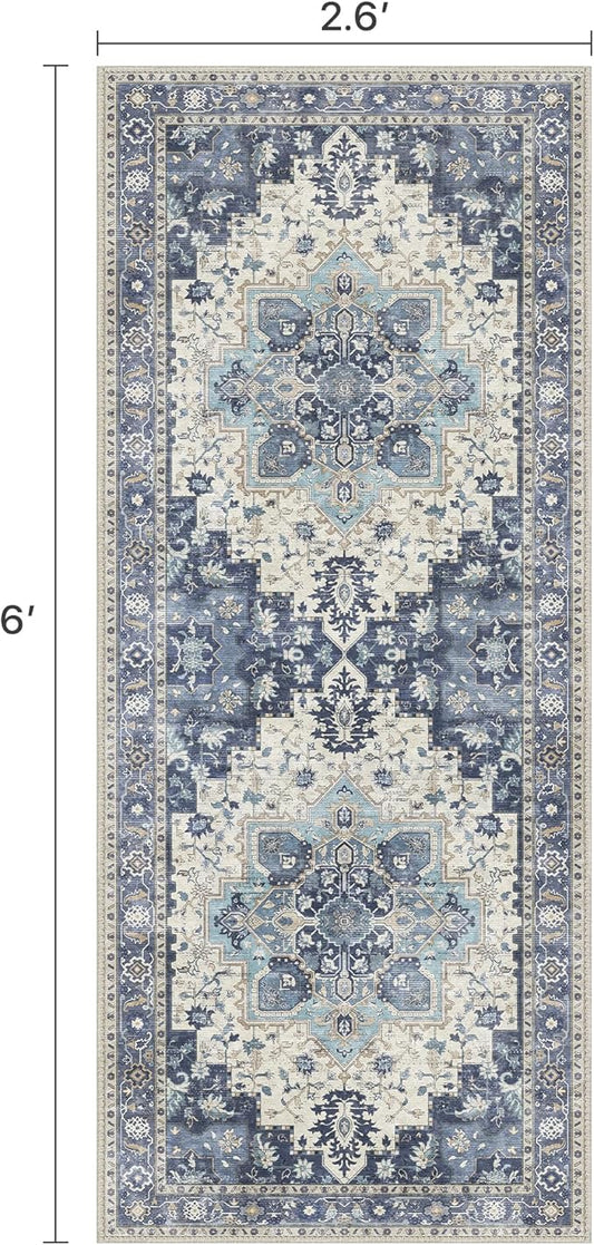 2'6''x6 Runner Rugs for Hallway, Machine Washable Non Slip Vintage Rugs, Low Pile Lightweight Soft Print Rug for enrtyway, Corridor, Home Office, Kitchen, Center Blue