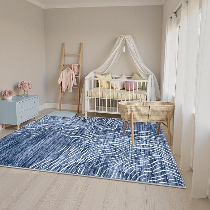 LIVEBOX Machine Washable Modern Abstract 6x9 Area Rug, Non Slip Large Bedroom Living Room Nursery Girl Rug Minimalist Wave Striped Neutral Boys Rug, Carpet for Dining Room Playroom(Navy Blue,6'x9')