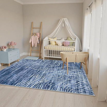 LIVEBOX Machine Washable Modern Abstract 6x9 Area Rug, Non Slip Large Bedroom Living Room Nursery Girl Rug Minimalist Wave Striped Neutral Boys Rug, Carpet for Dining Room Playroom(Navy Blue,6'x9')