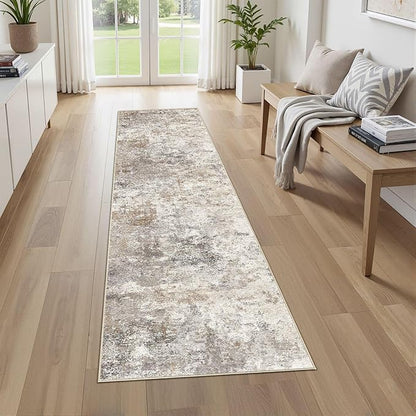 2X8 Washable Runner Rug for Hallway: Soft Neutral Modern Abstract Area Rug - Non-Slip Low Pile Long Throw Indoor Carpet for Kitchen Entryway Kitchen Bedroom Laundry- Brown Grey