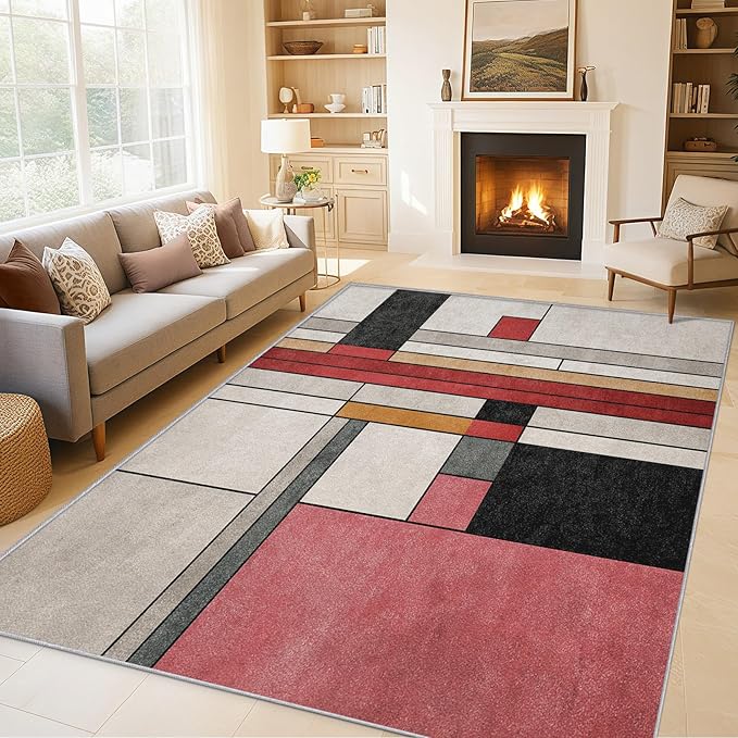 4x5 Abstract Geometric Rugs for Bedroom Decor, Washable Black White Red Geometry Pattern Area Rug, Living Room Home Decoration, Non Slip Soft Thin, Minimalist Modern Decor Carpet PF-P 49