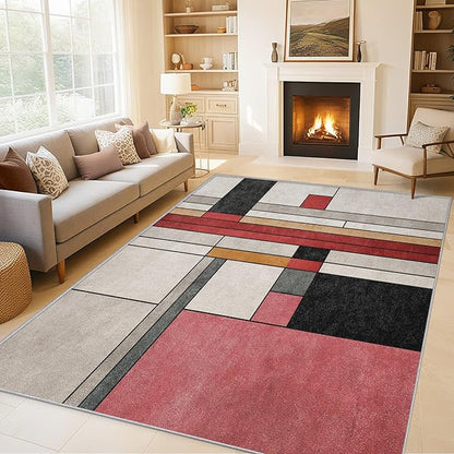 3x5 Abstract Geometric Rugs for Bedroom Decor, Washable Black White Red Geometry Pattern Area Rug, Living Room Home Decoration, Non Slip Soft Thin, Minimalist Modern Decor Carpet PF-P 49