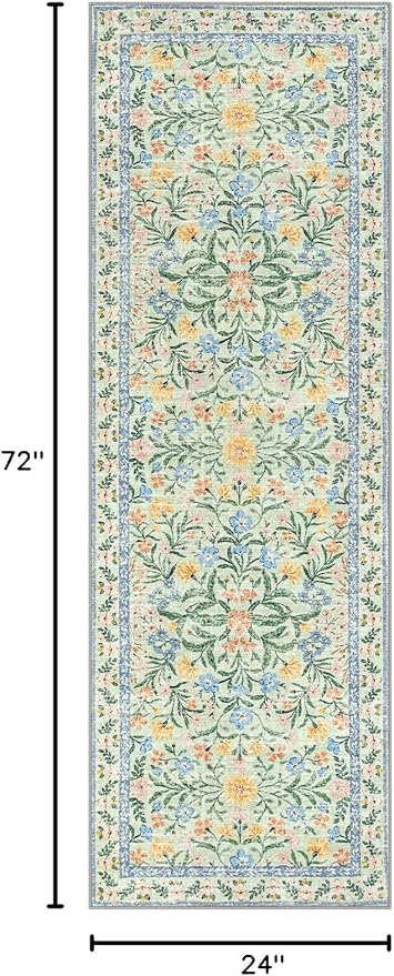 Lahome Washable Runner Rug 2x6, Boho Bathroom Rug Runner, Vintage Floral Soft Thin Indoor Throw Carpet for Entryway Bedroom Hallway Bath Laundry Room, Green/Multi