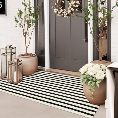 Striped Outdoor Front Door Mat 24"x51", Washable Black and White Rug Runner Cotton Hand Woven Indoor Layered Doormat, Reversible Foldable Door Rugs for Entryway/Farmhouse/Home Entrance