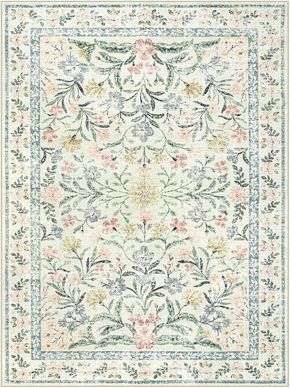 Wonnitar Large Rugs for Living Room, Soft Washable Floral 9x12 Area Rug for Bedroom, Boho Non-Shedding Foldable Carpet for Kids Playroom Apartment Home Decor