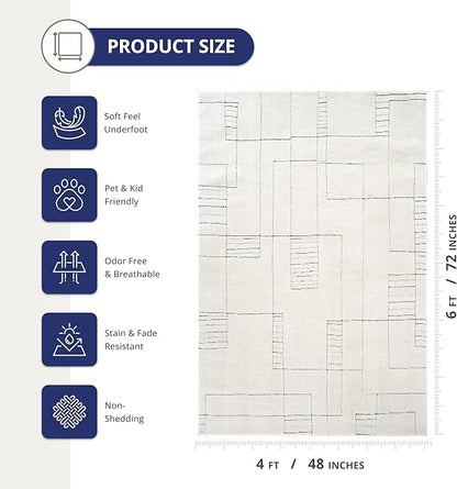 Abani Cream Area Rug – 4' x 6' – Oliver Collection – Geometric Linework Pattern – Non-Shedding, Easy to Clean – Durable for Living Room, Bedroom, or Office, Pet & Child Friendly