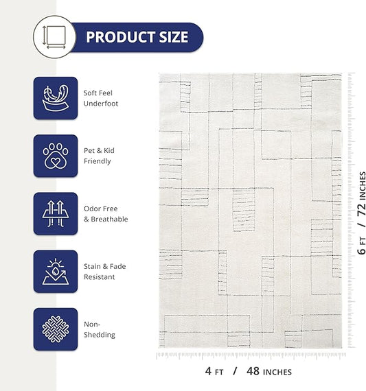 Abani Cream Area Rug – 4' x 6' – Oliver Collection – Geometric Linework Pattern – Non-Shedding, Easy to Clean – Durable for Living Room, Bedroom, or Office, Pet & Child Friendly