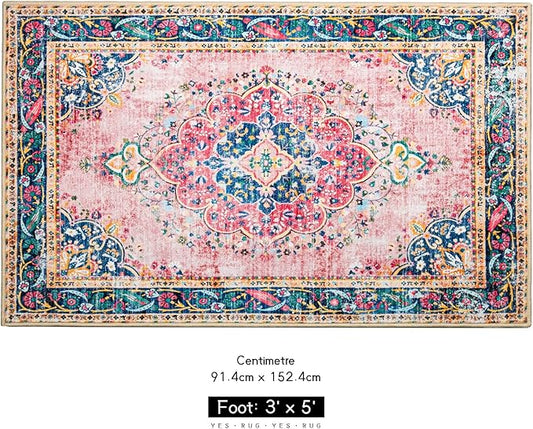 Boho Rug 3x5 Pink Small Area Rug Washable Vintage Rug for Kitchen Living Room Bedroom Bathroom Office Low Pile Non Slip Indoor Floor Carpet