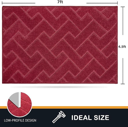 PURRUGS Easy Care Area Rug 4.5ft x 7ft, Non-Slip Machine Washable Entry Rug, Dog Door Mat, Stain Resistant Accent Rug for Hallway, Bedroom, Living Room and Mudroom, Cherry Red