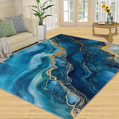 Blue Gold Marble Rugs for Bedroom - 6x9 Area Rug - Modern Fashion Marble Rugs for Living Room, European Light Luxury Art Rug, Washable Home Decor Carpet