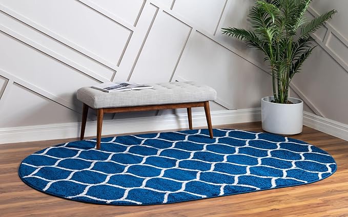 Rugs.com Lattice Frieze Collection Rug – 4' x 6' Oval Navy Blue Medium Rug Perfect for Living Rooms, Large Dining Rooms, Open Floorplans