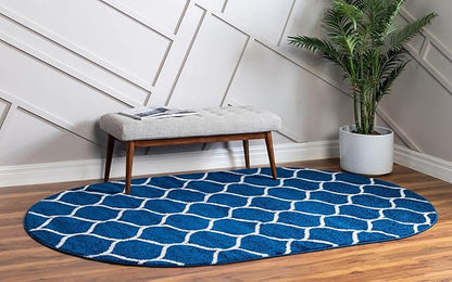 Rugs.com Lattice Frieze Collection Rug – 4' x 6' Oval Navy Blue Medium Rug Perfect for Living Rooms, Large Dining Rooms, Open Floorplans