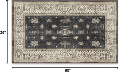 RUGGABLE Washable Vintage Area Rug – Verena Dark Wood 3x5, Stain-Resistant, Non-Slip – Small Machine Washable Rugs for Living Room, Bedroom, Hallway, Entryway & Office–with Cushioned Pad