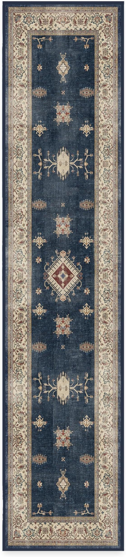 RUGGABLE Washable Vintage Runner Rug – Verena Sapphire 2.5x12, Stain-Resistant, Non-Slip Hallway Runner – Machine Washable Rug for Hallway, Entryway, Living Room & Kitchen–with Standard Pad