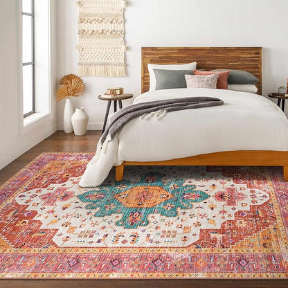 Moynesa Ultra-Thin Washable 10x14 Area Rugs for Bedroom, Pink Large Living Room Rug Non Slip, Medallion Oriental Indoor Floor Carpet for Dining Room Table Dorm Home Office Decor
