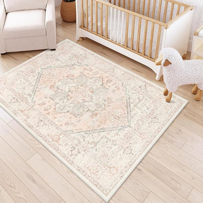 LIVEBOX Pink Area Rug 5x7 - Soft Rugs for Bedroom, Non-Slip Pink Rugs for Bedroom Girls, Vintage Washable Cute Aesthetic Rug for Nursery Dining Room, Retro Print Distressed Accent Carpet for Apartment