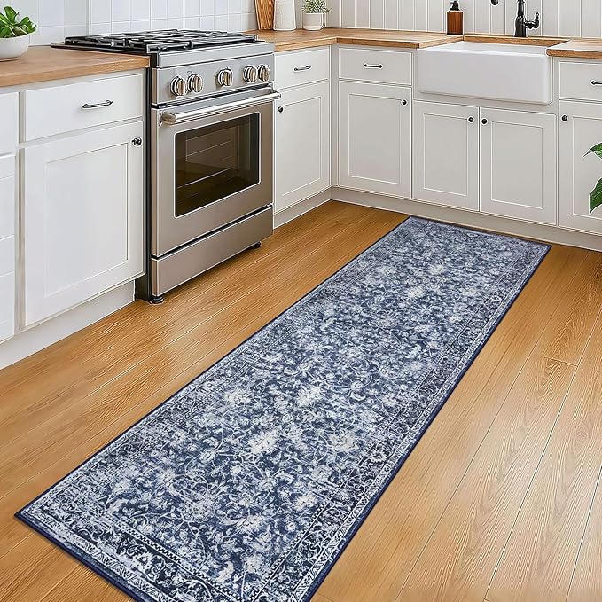 KILOCOCO Hallway Runner 2x6 Rug Runner Printed Vintage Floral Washable Kitchen Runners Non-Slip Rubber Backed Runners for Hallways Laundry Room Distressed Boho Rugs for Entryway Bedroom, Blue