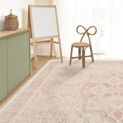 RUGGABLE Washable Area Rug – Kamran Soft Pink 9x12, Stain-Resistant, Non-Slip – Large Machine Washable Rugs for Living Room, Bedroom, Hallway, Entryway & Office–with Standard Pad
