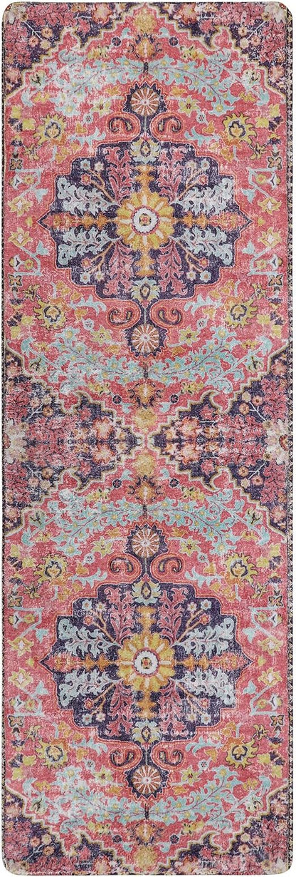 Lahome Bohemian Floral Medallion Runner Rug - 2x6 Hot Pink Hallway Runner Laundry Mat, Machine Washable Non-Slip Soft Indoor Carpet for Bathroom Bedside Basement Camper Home Decor, Fuchsia/Multi