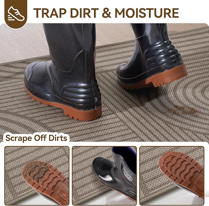 Front Door Mat 17''x30'', Absorbent Muddy Dirt Resist Washable Non Slip Low-Profile Indoor Doormat, Easy Clean Welcome Entryway Door Mats, Brown
