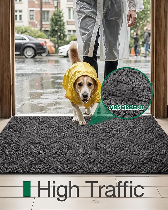 LUMI Indoor Door Mat, Absorbent Non-Slip Thin Doormat, Washable Door Mats, Woven Pattern Inside Floor Mat, Ideal for Entryway, Front Door, Home Decor, 48"x72", Woven Grey
