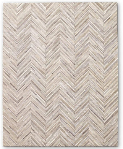 Elegant Rectangular Rug Cowhide Leather Stylish Non Slip Chevron Patchwork Area Rug for Living Room and Entryway Floor Carpet (Beige-5 x 8 ft)